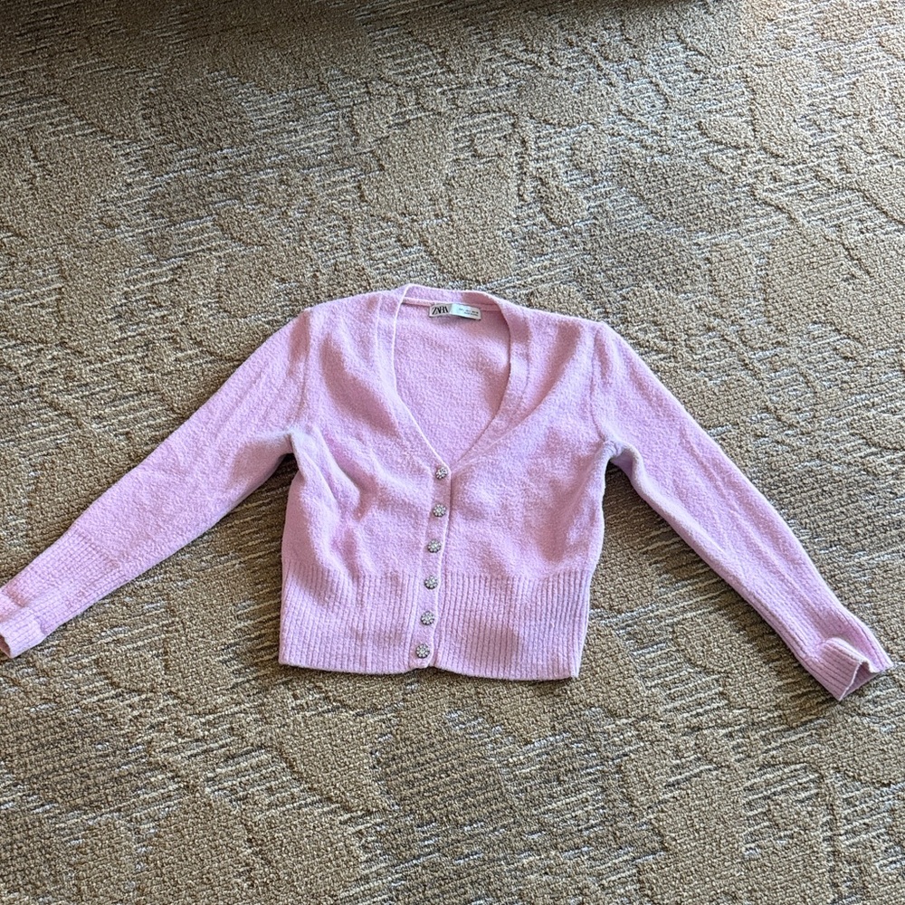 Zara Light Pink Jeweled Button-Up Cardigan